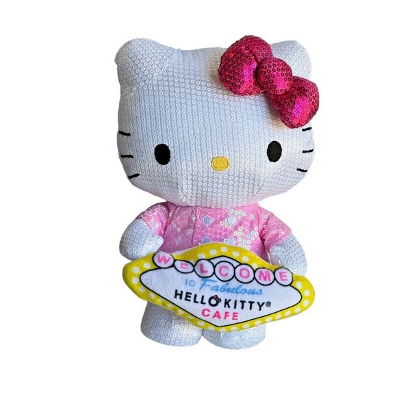 Hello Kitty Cafe Sequin Plush Toy, 8 Inch, Pink Bow, Limited Edition Collectible - Picture 1 of 5